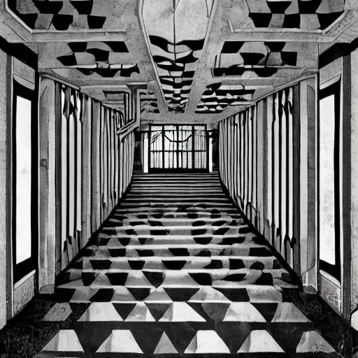 Prompt: a bright white hallway with many doors and stairs full of fungus and mushrooms and rot, Mc Escher architecture, epic composition, decay, anime key visual