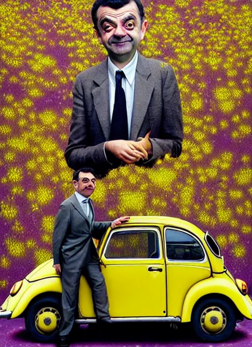 Image similar to hyper detailed 3d render like a Oil painting muted colors - slightly silly portrait of Rowan Atkinson cross eyed as Mr. Bean atop his yellow beetle in Aurora seen tickling of the Strangling network of yellowcake aerochrome and milky Fruit and Her delicate Hands hold of gossamer polyp blossoms bring iridescent fungal flowers whose spores black the foolish stars by Jacek Yerka, Mariusz Lewandowski, Houdini algorithmic generative render, Abstract brush strokes, Masterpiece, Edward Hopper and James Gilleard, Zdzislaw Beksinski, Nicoletta Ceccoli, Wolfgang Lettl, hints of Yayoi Kasuma, octane render, 8k