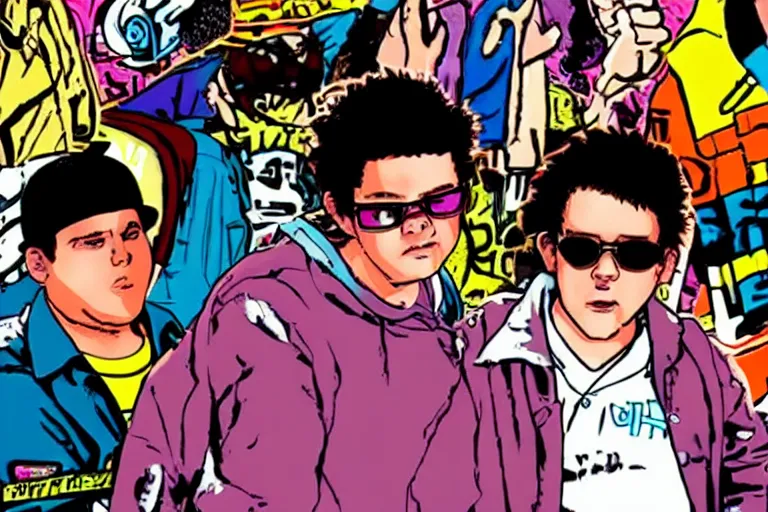 Prompt: a still from the movie superbad, 2 0 0 2 jet set radio future graphics visual aesthetic