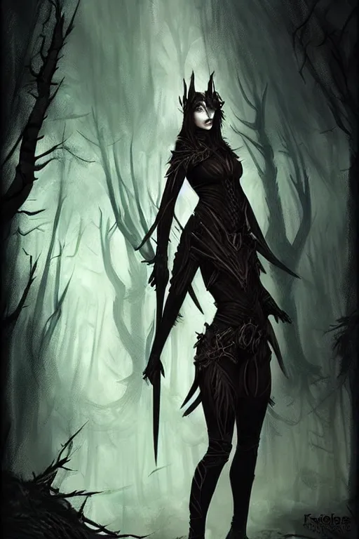 Image similar to dramatic dark forest scenery, girl with sharp fangs in hide leather armor, high fantasy concept art, poster