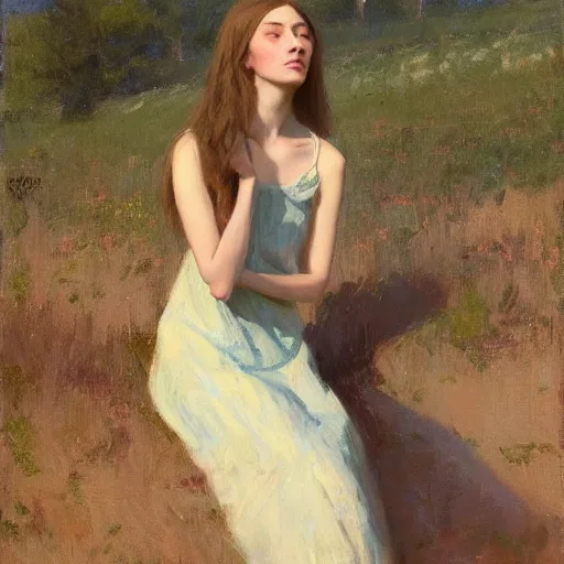 Image similar to girl in summer dress, brushing her long hair, jeremy lipking, joseph todorovitch