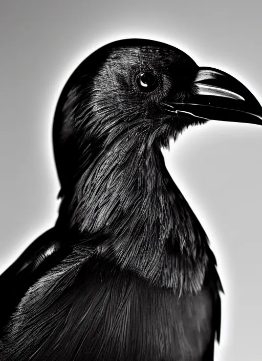 Image similar to a profile portrait, a stunning young cyborg female mixed crow mixed vegetal, editorial photography, bw, shot on 7 0 mm, depth of field, f / 2. 8, high contrast, 1 6 k, volumetric lighting, shiny, insanely detailed and intricate, hypermaximalist, elegant, ornate, hyper realistic, super detailed