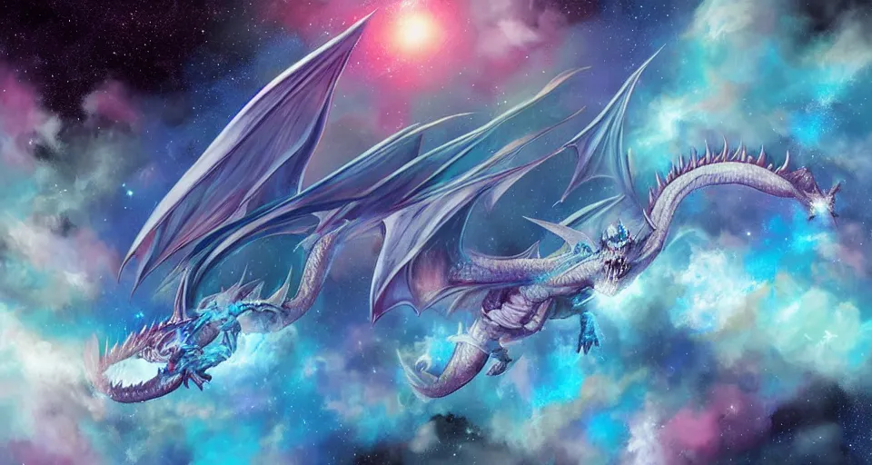 Image similar to single large blue dragon flying through nebula, by artgerm