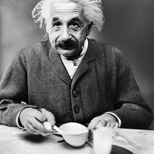 Prompt: Albert Einstein sucking noodles with his mouth,