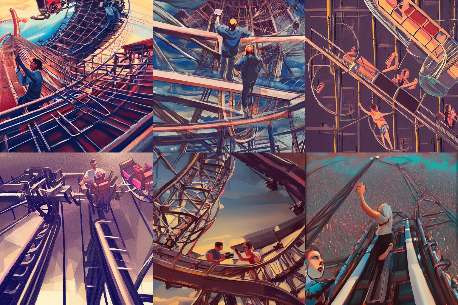 Prompt: 2 people taking a selfie from top of the rollercoaster, excited expresions, intricate,, highly detailed, digital painting, artstation, concept art, matte, sharp focus,