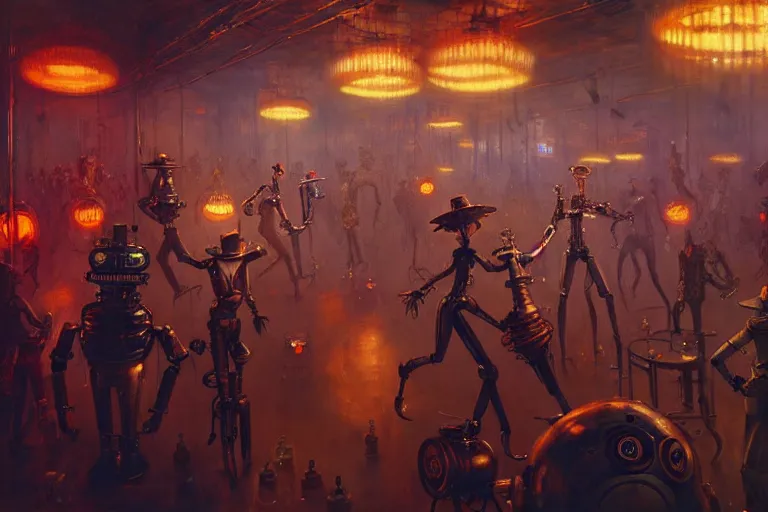 Image similar to steampunk robots expressively dancing on the dance floor by otto dix and greg rutkowski and andreas rocha, cinematic lighting, highly detailed, warm colours, 4 k