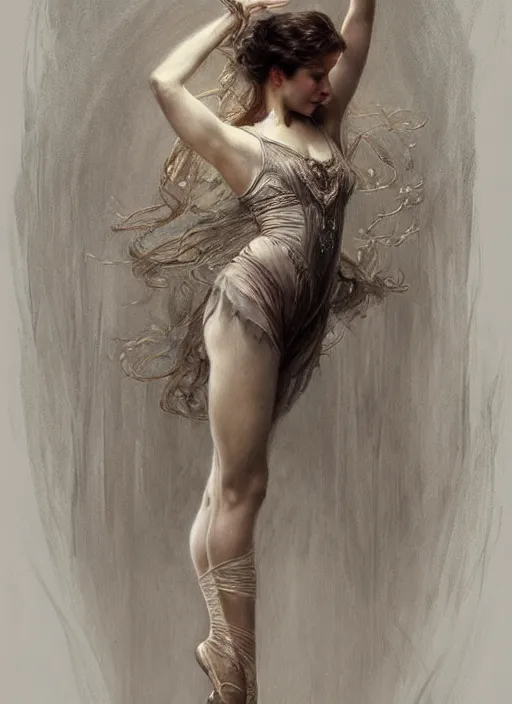 Image similar to a beautifull intricate pencil painting of a dancing ballerina, reflexions, verry high details by william turner art, greg rutkowski and alphonse mucha, trending on artstation, very very detailed, masterpiece, muted colors