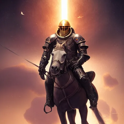 Image similar to centered portrait of the Knight riding a horse in space, realistic character concept, high fantasy, light atmosphere, golden ratio, cinematic lighting, hyperdetailed, high resolution, insanely detailed and intricate, artstation, Marc Simonetti, Greg Rutkowski, octane render, 8k