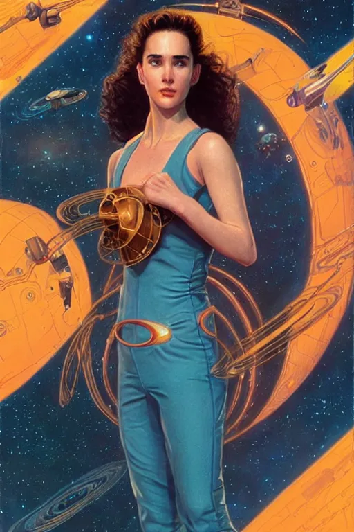 Image similar to young Jennifer Connelly as a stunning , beautiful retro SCI-FI space heroine 1985 , intricate, elegant, highly detailed, centered, digital painting, trending on artstation, concept art, smooth, sharp focus, illustration, art by artgerm and donato giancola and Joseph Christian Leyendecker, Ross Tran, WLOP