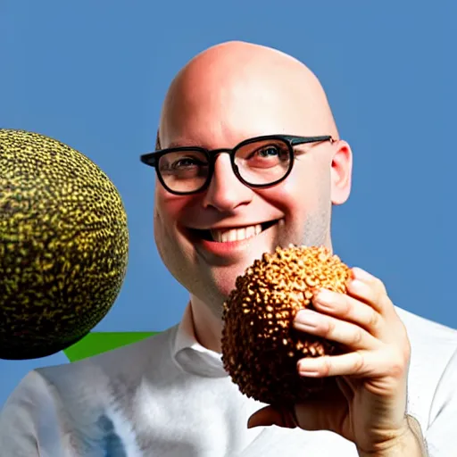 Prompt: statue of a smiling bald man wearing round glasses, holding a scotch egg, daytime, high camera angle, volumetric lighting