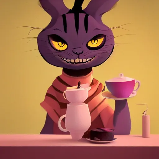 Image similar to cheshire cat drinking tea, in the style of atey ghailan and james gilleard and goro fujita, exquisite lighting, art, very coherent, trending on artstation