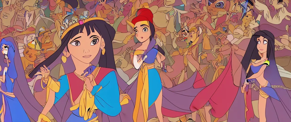 Image similar to Aztec Disney princess by Glen Keane, Disney 2D Traditional Animation, Semi Realistic Anime, Cel Shaded, Studio Ghibli, cinematic, widescreen, 4K