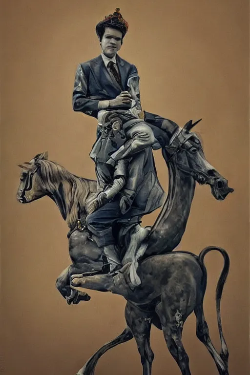 Image similar to a painting of magnus carlsen as king of chess sitting on a horse over a chess board, a surrealist painting by james jean, trending on cgsociety, pop surrealism, androgynous, grotesque, angular