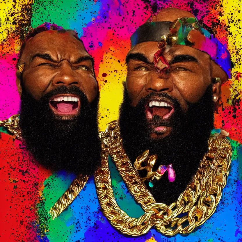 Prompt: mr. t pitying all the fools, hyper color, stylized photo, gold chains, digital art