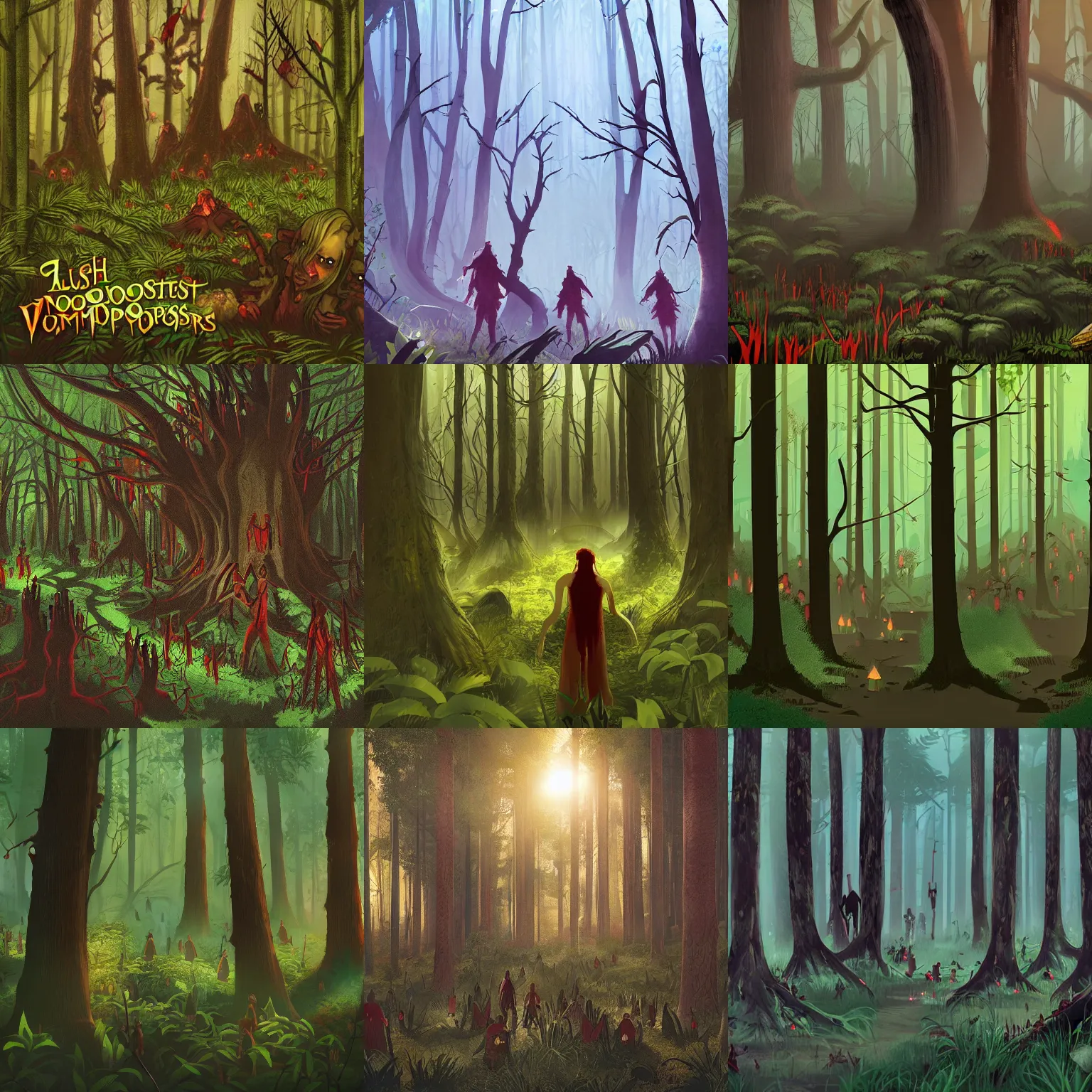 Prompt: a lush and sunlit forest with a horde of bloody vampires hiding in all of the shadows