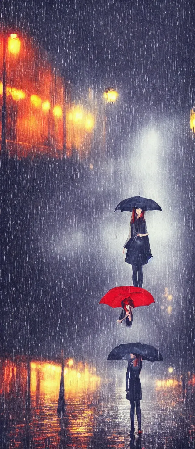 Image similar to lonely girl with umbrella on the wet road, rain, thunder, fog, night street, anime style