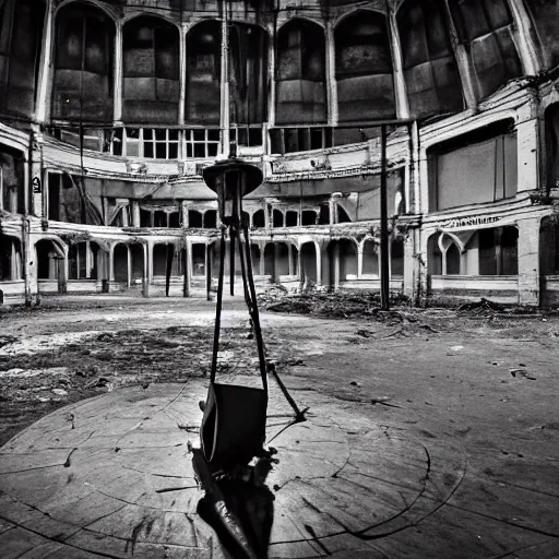 Image similar to abandoned circus, there is one person in the middle of the stage, photograph, 50mm