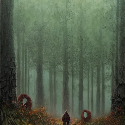 Image similar to an old broken hut mage of huge mushrooms, in an autumn forest, green and brown tones, by Aron Wiesenfeld and beksincki, in the style of of simon stalenhag and Bev dolittle, cinematic, detailed illustration, nature, fog, dark colors, suspense, intricate, 8k in the style