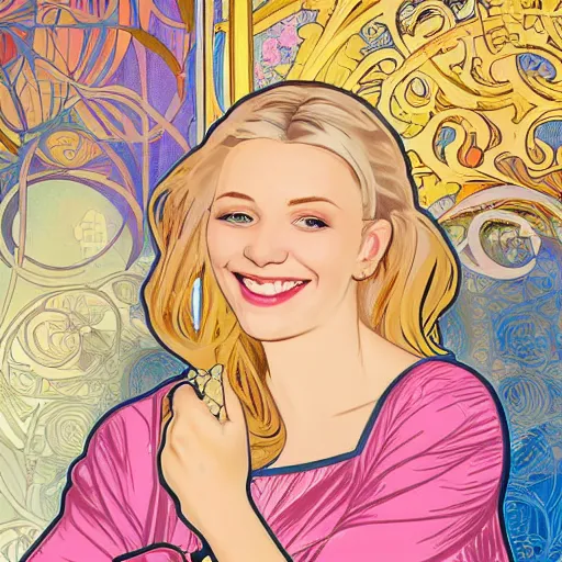 Prompt: portrait of a blonde, happy, laughing, beautiful, danish scrum master. she is looking a you with loving, calm eyes. the background is colorful and inspired by alphonse mucha