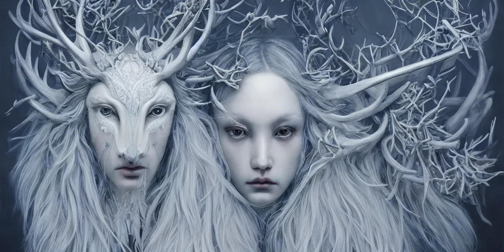 Image similar to hyperrealistic photography of a highly detailed and symmetrical gorgeous ice queen and porcelain antlers in the style of beth cavener, jin kagetsu, james jean and wlop, face symmetry, masterpiece, award - winning, sharp focus, intricate concept art, ambient lighting, 8 k, artstation