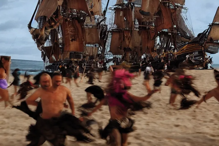 Image similar to closeup pirate couples running down beach as pirate ship fires canons, sand explosion by emmanuel lubezki