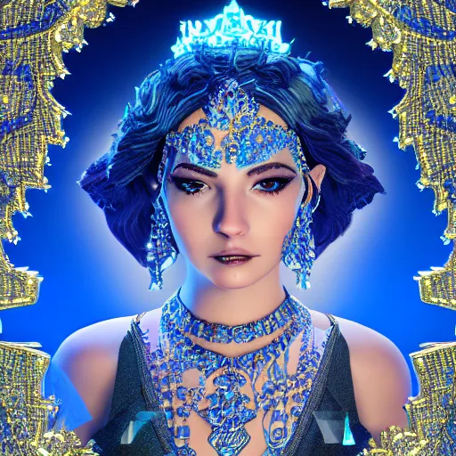 Prompt: photo of princess of sapphire, sad, glowing, ornate and intricate blue jewelry, jaw dropping beauty, glowing background lighting, blue accent lighting, hyper detailed, 4 k octane render
