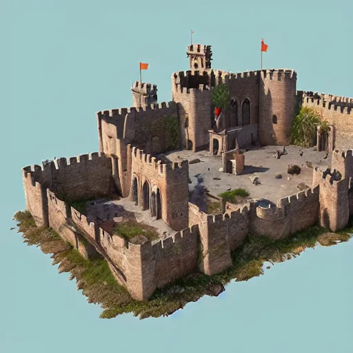 Image similar to small medieval town inside of large castle fortress, isometric, ambient occlusion, global illumination, vray, by tyler edlin and rhads, cgsociety, artstation