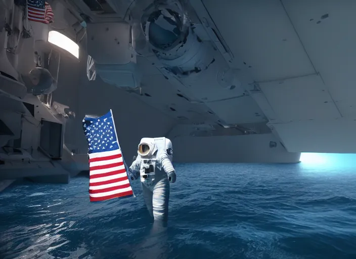 Image similar to astronaut putting a flag on the bottom of the ocean. in the background, a submarine is visible. dark, concept art, cinematic, dramatic, blender, photorealistic, octane render, 8 k, volumetric lighting, trending on artstation