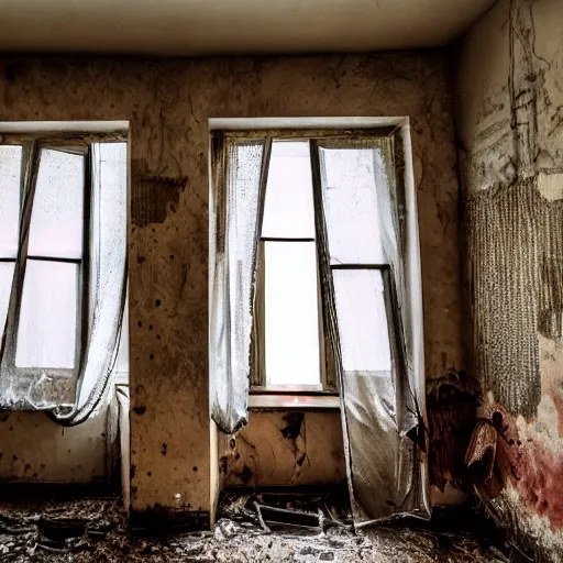 Image similar to an old hotel room, the walls are decaying, the floor has plants growing through cracks, the room is filled with tables and chairs, the tables have moldy food on them, sunlight is coming through a window, taken on a 2. 2 mm ultrawide camera.