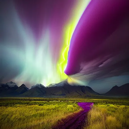 Prompt: amazing photo of a purple tornado in the sky by marc adamus, beautiful dramatic lighting
