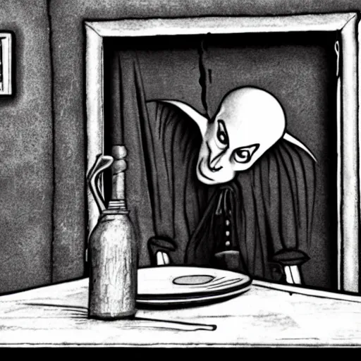 Image similar to nosferatu is cooking in a kitchen, realistic photography