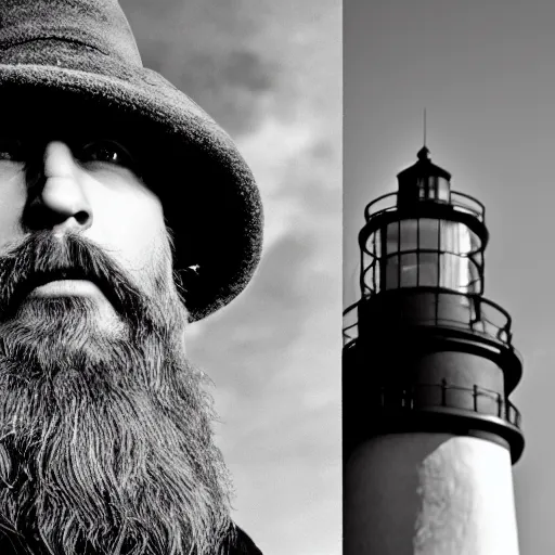 Image similar to Live Action Still of Jerma985 in a film as a Lighthouse Keeper with an overcoat, hat, and beard, black and white, hyperrealistic, ultra realistic, realistic, highly detailed, epic, HD quality, 8k resolution, body and headshot, film still