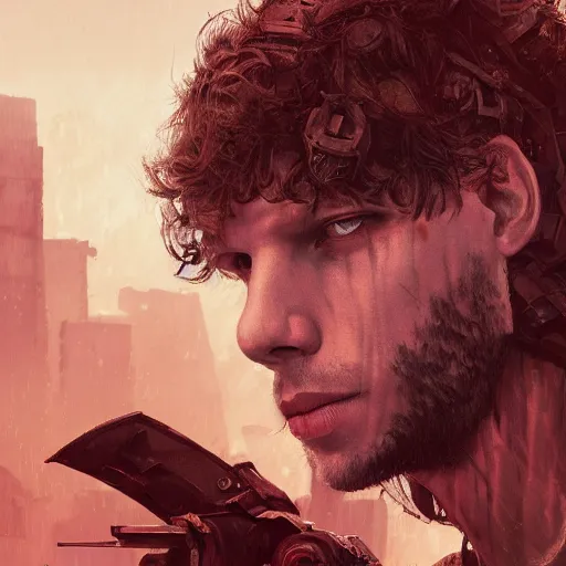 Image similar to jesse eisenberg portrait, dystopia core, apocalyptic, armor, warrior, dramatic, sharp focus, fiction, neon, fantasy, hyper detailed, digital art, trending in artstation, cinematic lighting, studio quality, smooth render, unreal engine 5 rendered, octane rendered, art style and nixeu and wlop and krenz cushart