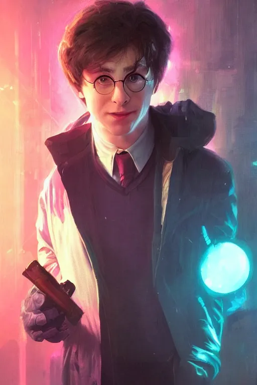 Image similar to portrait of Ron Wisly from harry potter in cyberpunk, neon lighting, night city, digital art from artstation by Ruan Jia and Mandy Jurgens and Artgerm and william-adolphe bouguereau and Greg Rutkowski and Wayne Barlowe