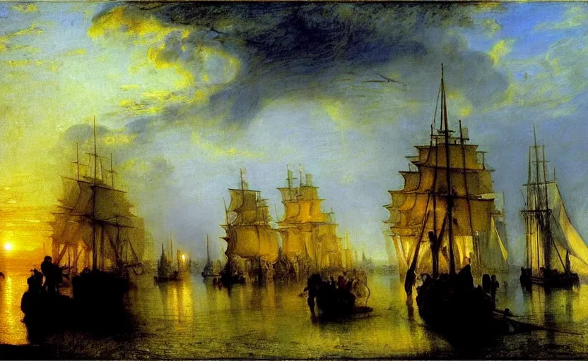 Prompt: galleons in the port at sunset, blue light, blue tones. by henriette ronner - knip, by william henry hunt, by rembrandt, by joseph mallord william turner, by konstantin razumov, concept art,