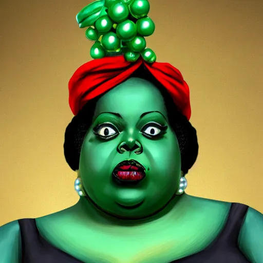 Image similar to A Concept art foreshortening portrait of the chubby Voodoo Lady from Monkey Island videogame | with a green turban | with a Red dress | Pearls necklace | Siting in her big Voodoo throne | Fat black woman | Detailed Voodoo Throne. cinematic lighting, highly detailed, realistic details, rendered in Octane, cgsociety, 4k post-processing highly detailed, realistic face, trending on artstation, by craig mullins. Steve Purcell. H 1280
