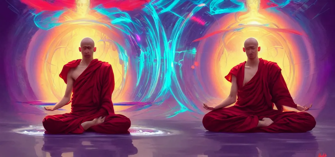 Image similar to a floating monk meditating, channeling swirling energy, wearing netrunner clothing, vaporwave aesthetic, colorful, psychedelic, digital painting, artstation, concept art, smooth, sharp focus, illustration, art by artgerm and greg rutkowski and alphonse mucha