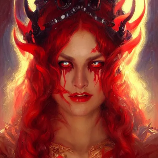 Prompt: attractive demon queen with red eyes painting by gaston bussiere, luis rollo, portrait, digital painting, highly detailed, artstation, sharp focus, illustration, concept art