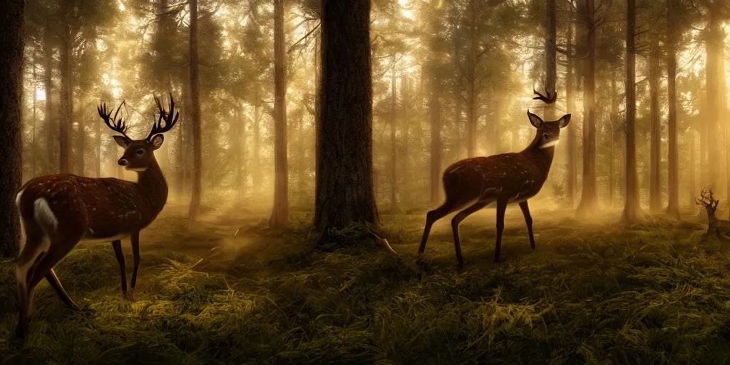 Image similar to forrest with beautiful deer, superwide angle, light through the mist, dramatic lighting, photorealistic, cinematic lighting, high detail, cinematic feel, high octane, 4 k, unreal engine, digital render, intricate, ultra realistic, concept art