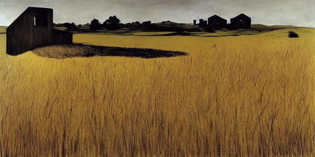 Prompt: “ painting a field of dry grass and farmland, an abandoned brutalist building, by andrew wyeth, natural, somber color scheme ”