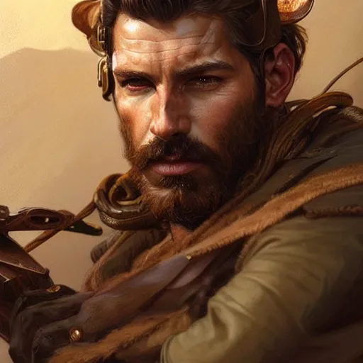 Image similar to Portrait of rugged male ranger, D&D, muscular, fantasy, intricate, elegant, highly detailed, digital painting, artstation, concept art, smooth, sharp focus, illustration, art by artgerm and greg rutkowski and alphonse mucha