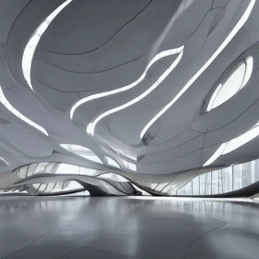 Image similar to stunning beautiful futuristic museum interior by Zaha Hadid, smooth curvilinear dragonfly wings pattern, pastel light gray dark gray, hyper real highly detailed