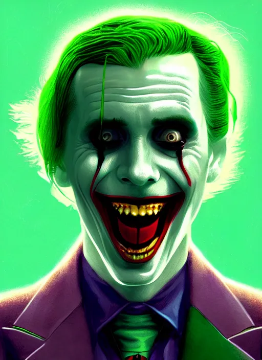 Image similar to portrait of jared leto as the joker, green hair, intricate, elegant, glowing lights, highly detailed, digital painting, artstation, concept art, sharp focus, illustration, art by wlop, mars ravelo and greg rutkowski