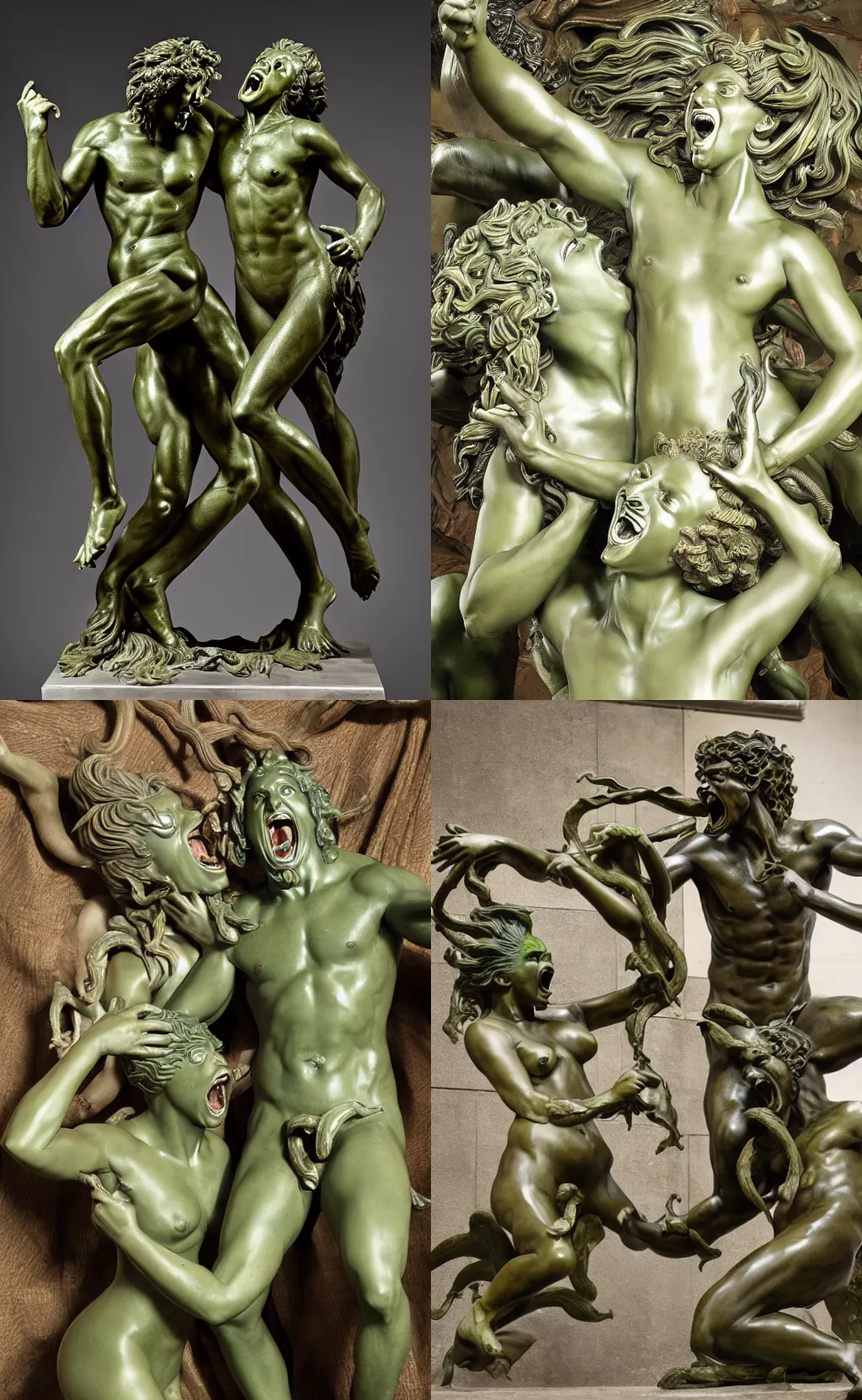 Prompt: full body bronze sculpture of medusa and perseus screaming at each other, neo - classical style, medusa in a green dress, perseus armored, sharp facial features, angry, professional photography, dynamic and dominating