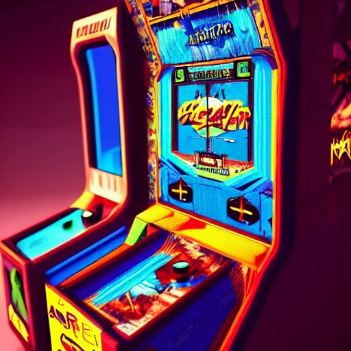 Image similar to 1990s arcade machine, octane render, unreal engine, digital art, Artstation, Trending on Artstation, Artstation HQ, Artstation HD, cgsociety, Pinterest, 8k , close up to the screen, wide angle, godrays, volumetric, reflections, cinematic, epic, accurate, coherent, 3D Render,