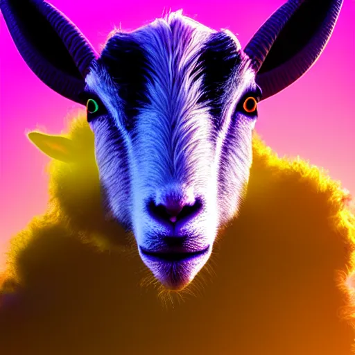 Image similar to synthwave goat face with neon horns, detailed face, sharp focus, synthwave art, aesthetic, octane render, raw, cinematic