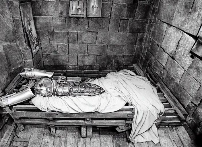 Image similar to a beautiful composition detailed photograph of a dead poisoned armored knight paladin lying in a wooden bed in a cell in a dungeon.