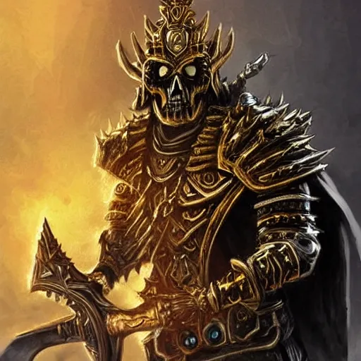 Image similar to lich king wearing black and gold armor with skulls and chains, holding a two handed sword with golden handle, wearing spiked crown helmet with skull mask concept art artstation