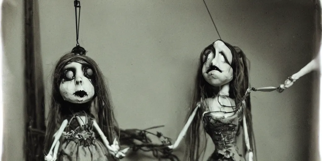 Image similar to female, eerie, creepy marionette puppet, horrific, unnerving, clockwork horror, pediophobia, lost photograph, dark, forgotten, final photo found before disaster, polaroid,