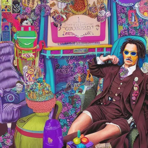 Prompt: Johnny Depp is covered in a blanket and drinking tea in Willy Wonka's Chocolate Factory, Illustration, Colorful, insanely detailed and intricate, super detailed, by Lulu Chen